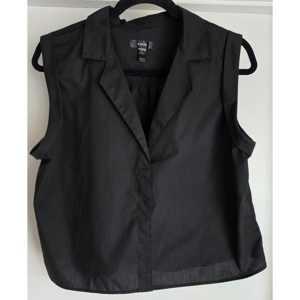 AQUA Black Collared Tank Top XL Sleeveless Solid Cotton Women Blouse Shirt